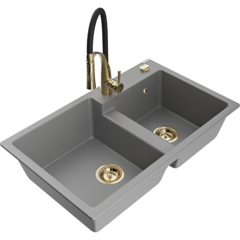 Mexen Tomas 2-Becken-Granitspüle mit Mischbatterie Aster, Grau - 6516-71-73450-57-G