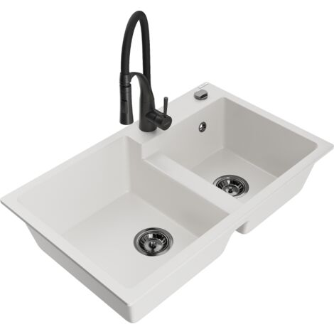 Mexen Tomas 2-Becken-Granitspüle mit Mischbatterie Aster, Weiß - 6516-20-73450-70-B