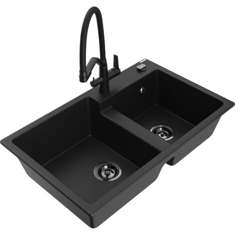 Mexen Tomas 2-Becken-Granitspüle mit Mischbatterie Duo, Schwarz - 6516-77-671701-70-B