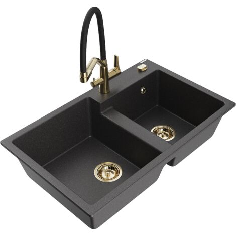 Mexen Tomas 2-Becken-Granitspüle mit Mischbatterie Duo, Schwarz gesprenkelt - 6516-76-671701-57-G