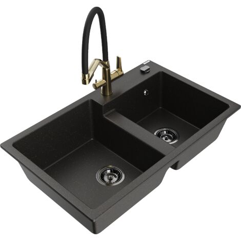 Mexen Tomas 2-Becken-Granitspüle mit Mischbatterie Duo, Schwarz/Gold metallisch - 6516-75-671701-57-