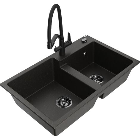 Mexen Tomas 2-Becken-Granitspüle mit Mischbatterie Duo, Schwarz/Gold metallisch - 6516-75-671701-70-
