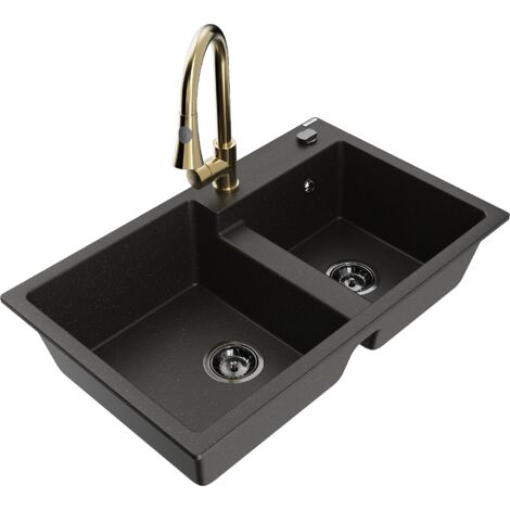 Mexen Tomas 2-Becken-Granitspüle mit Mischbatterie Elia, Schwarz/Gold metallisch - 6516-75-670101-50