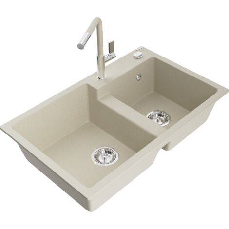 Mexen Tomas 2-Becken-Granitspüle mit Mischbatterie Flora, Beige - 6516-69-670401-09