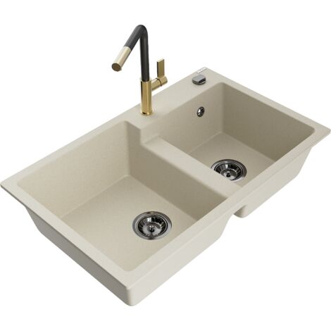 Mexen Tomas 2-Becken-Granitspüle mit Mischbatterie Flora, Beige - 6516-69-670401-57-B