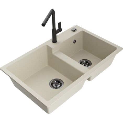 Mexen Tomas 2-Becken-Granitspüle mit Mischbatterie Flora, Beige - 6516-69-670401-70-B