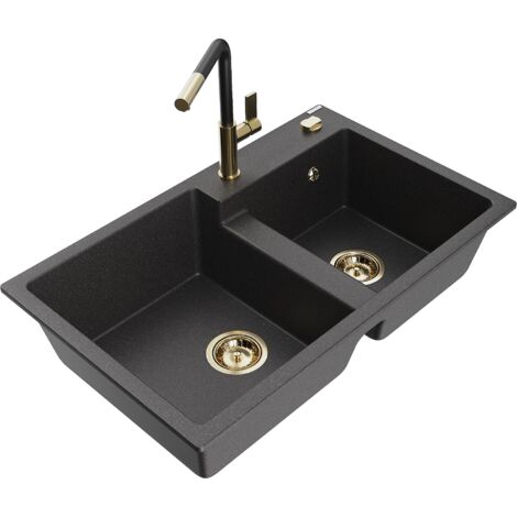 Mexen Tomas 2-Becken-Granitspüle mit Mischbatterie Flora, Schwarz gesprenkelt - 6516-76-670401-57-G