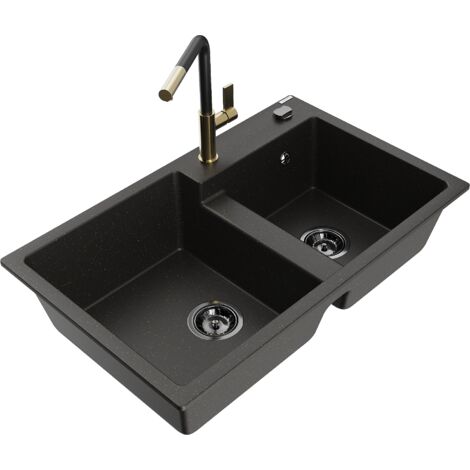 Mexen Tomas 2-Becken-Granitspüle mit Mischbatterie Flora, Schwarz/Gold metallisch - 6516-75-670401-5