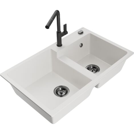 Mexen Tomas 2-Becken-Granitspüle mit Mischbatterie Flora, Weiß - 6516-20-670401-70-B