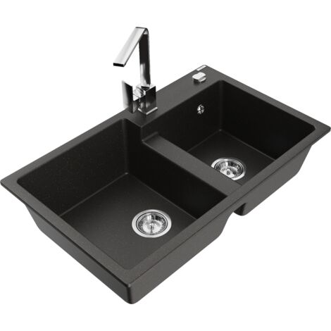 Mexen Tomas 2-Becken-Granitspüle mit Mischbatterie Rita, Schwarz/Gold metallisch - 6516-75-670300-00