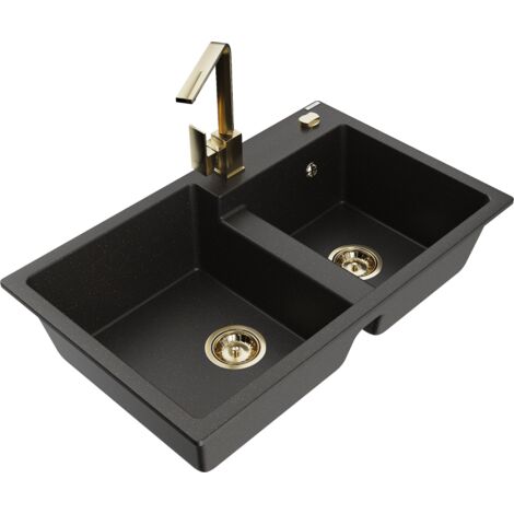Mexen Tomas 2-Becken-Granitspüle mit Mischbatterie Rita, Schwarz/Gold metallisch - 6516-75-670300-50