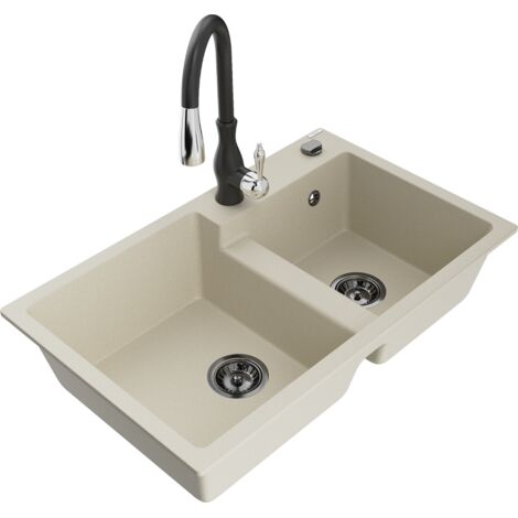 Mexen Tomas 2-Becken-Granitspüle mit Mischbatterie Savita, Beige - 6516-69-672601-70