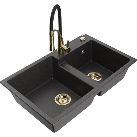 Mexen Tomas évier en granit 2 bacs avec robinet de cuisine Aster, noir moucheté - 6516-76-73450-57-G