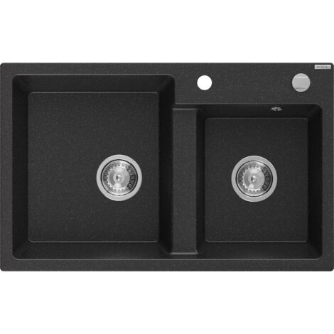Mexen Tomas évier en granit à 2 cuves 800 x 500 mm, Noir/ Argent métallique, siphon Chrome - 6516802000-73