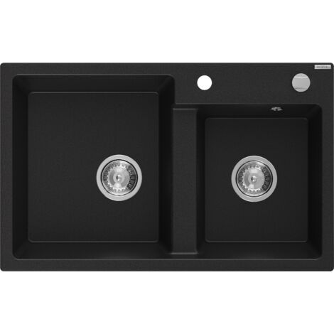 Mexen Tomas évier en granit à 2 cuves 800 x 500 mm, Noir, siphon Chrome - 6516802000-77