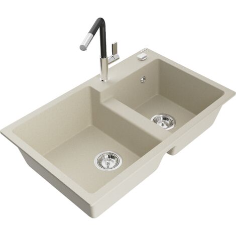 Mexen Tomas évier en granit à 2 cuves avec robinet mélangeur Flora, Beige - 6516-69-670401-07