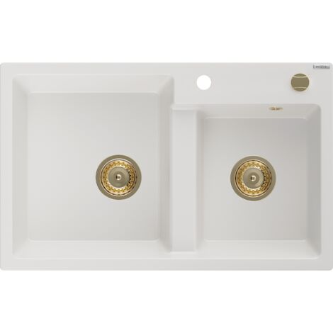 Mexen Tomas fregadero de granito de 2 compartimentos 800 x 500 mm, blanco, sif贸n dorado - 6516802000-20-G