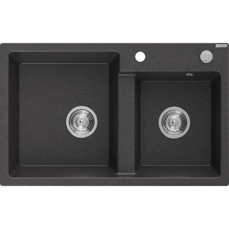 Mexen Tomas fregadero de granito de 2 compartimentos 800 x 500 mm, negro moteado, sif贸n cromado - 6516802000-76