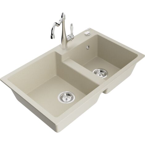 Mexen Tomas fregadero de granito de 2 compartimentos con grifo de cocina Carla, beige - 6516-69-670700-00