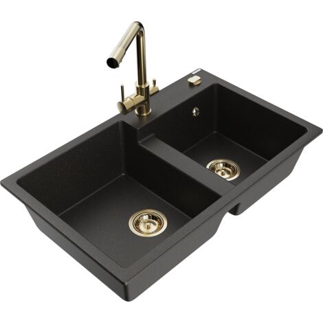 Mexen Tomas fregadero de granito de 2 compartimentos con grifo de cocina Duero, met谩lico negro/dorado - 6516-75-671600-50