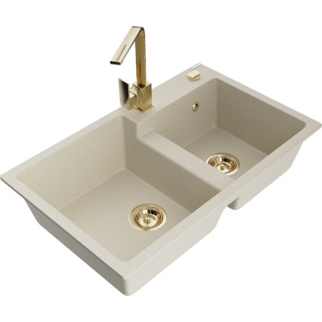 Mexen Tomas fregadero de granito de 2 compartimentos con grifo de cocina Rita, beige - 6516-69-670300-50