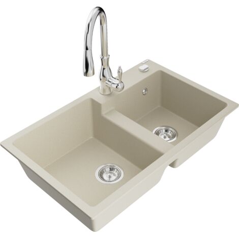 Mexen Tomas fregadero de granito de 2 compartimentos con grifo de cocina Savita, beige - 6516-69-672601-00