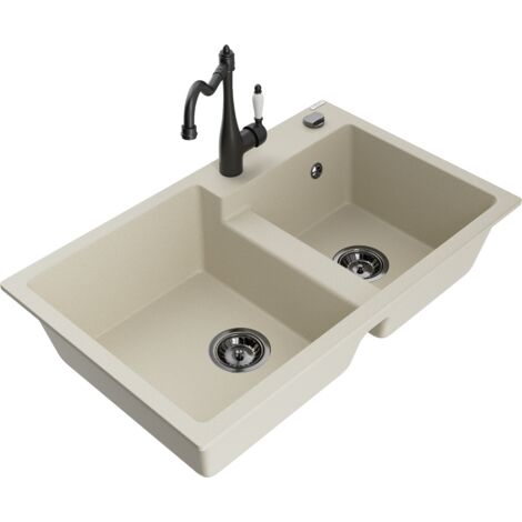 Mexen Tomas fregadero de granito de 2 senos con grifo de cocina Carla, beige - 6516-69-670700-70