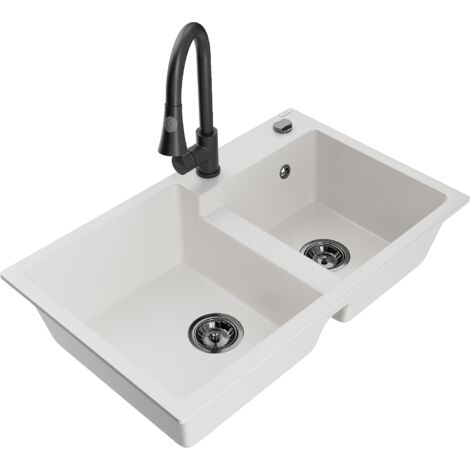 Mexen Tomas fregadero de granito de 2 senos con grifo de cocina Elia, blanco - 6516-20-670101-70