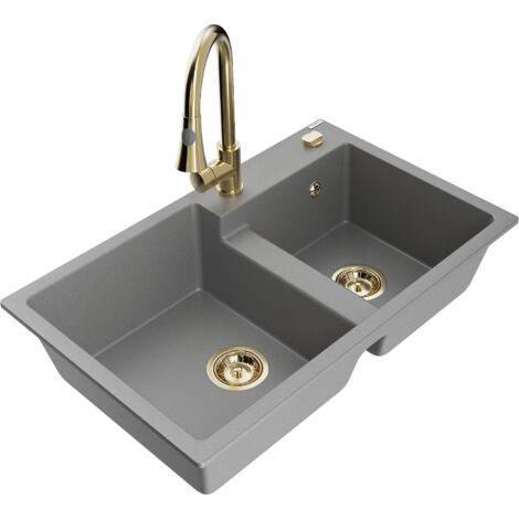 Mexen Tomas fregadero de granito de 2 senos con grifo de cocina Elia, gris - 6516-71-670101-50