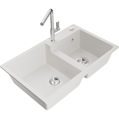 Mexen Tomas fregadero de granito de 2 senos con grifo de cocina Flora, blanco - 6516-20-670401-00
