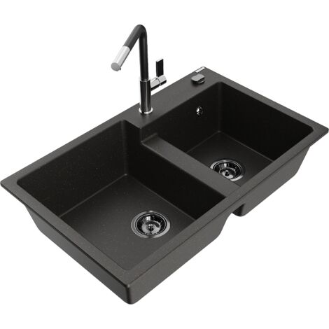 Mexen Tomas fregadero de granito de 2 senos con grifo de cocina Flora, negro/metalizado dorado - 6516-75-670401-07-B