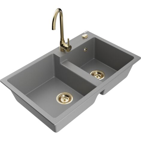 Mexen Tomas fregadero de granito de 2 senos con grifo de cocina Telma, gris - 6516-71-670200-50