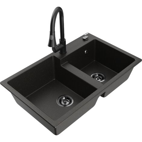 Mexen Tomas lavabo in granito a 2 vasche con rubinetto cucina Elia, nero/oro metallizzato - 6516-75-670101-70-B