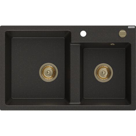 Mexen Tomas lavello da cucina in granito 2 vasche 800 x 500 mm, nero/oro metallico, sifone oro - 6516802000-75-G