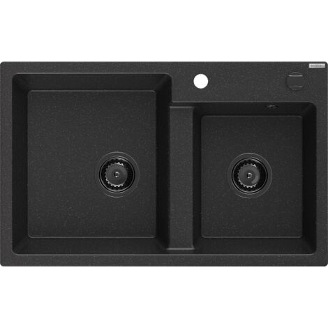 Mexen Tomas lavello da cucina in granito a 2 vasche 800 x 500 mm, nero/argento metallizzato, sifone nero - 6516802000-73-B