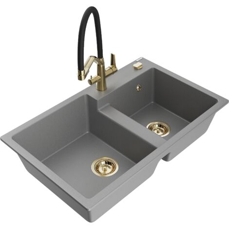 Mexen Tomas lavello da cucina in granito a 2 vasche con miscelatore Duo, grigio - 6516-71-671701-57-G
