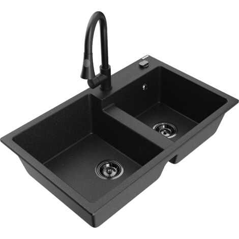 Mexen Tomas lavello da cucina in granito a 2 vasche con rubinetto Elia, nero/argento metallizzato - 6516-73-670101-70-B