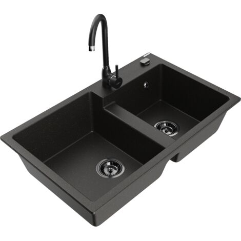 Mexen Tomas lavello in granito a 2 camere con rubinetto da cucina Telma, nero/oro metallizzato - 6516-75-670200-70-B