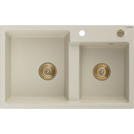 Mexen Tomas lavello in granito a 2 vasche 800 x 500 mm, beige, sifone dorato - 6516802000-69-G