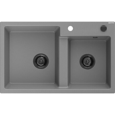 Mexen Tomas lavello in granito a 2 vasche 800 x 500 mm, grigio, sifone nero - 6516802000-71-B