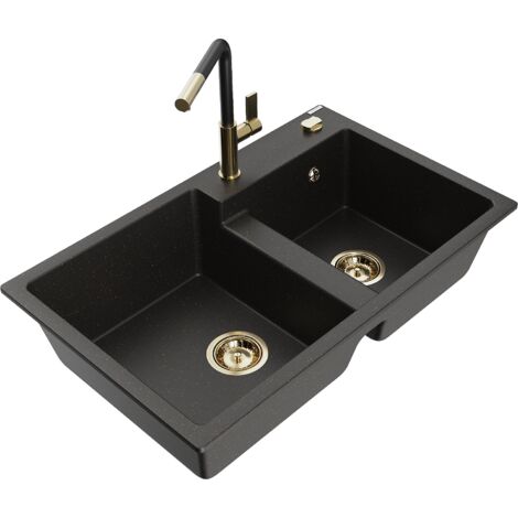 Mexen Tomas lavello in granito a 2 vasche con miscelatore cucina Flora, nero/dorato metallico - 6516-75-670401-57-G
