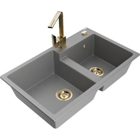 Mexen Tomas lavello in granito a 2 vasche con miscelatore cucina Rita, grigio - 6516-71-670300-50