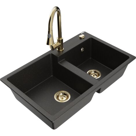 Mexen Tomas lavello in granito a 2 vasche con miscelatore da cucina Elia, nero/oro metallizzato - 6516-75-670101-50
