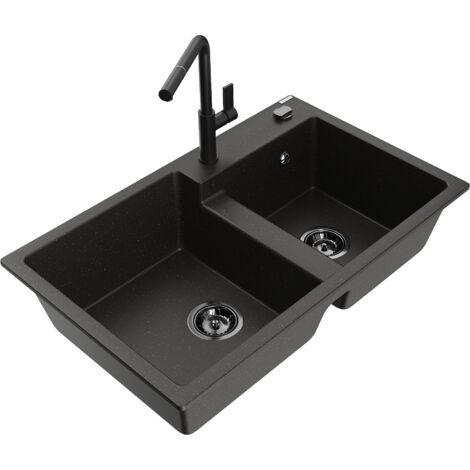 Mexen Tomas lavello in granito a 2 vasche con miscelatore da cucina Flora, nero/oro metallizzato - 6516-75-670401-70-B