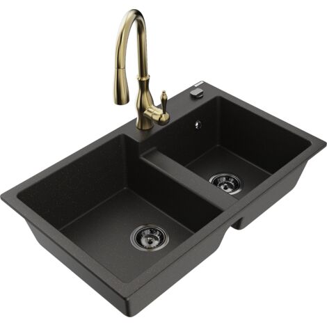 Mexen Tomas lavello in granito a 2 vasche con miscelatore da cucina Savita, nero/oro metallizzato - 6516-75-672601-50-B