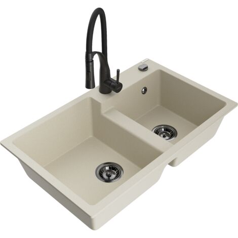Mexen Tomas lavello in granito a 2 vasche con rubinetto da cucina Aster, beige - 6516-69-73450-70-B