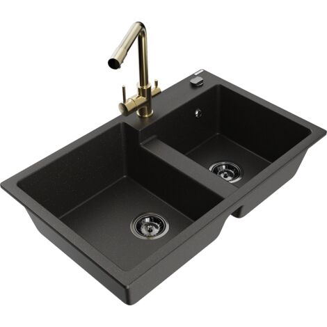Mexen Tomas lavello in granito a 2 vasche con rubinetto da cucina Duero, nero/oro metallizzato - 6516-75-671600-50-B