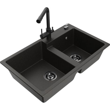 Mexen Tomas lavello in granito a 2 vasche con rubinetto da cucina Duero, nero/oro metallizzato - 6516-75-671600-70-B