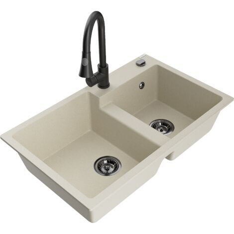 Mexen Tomas lavello in granito a 2 vasche con rubinetto da cucina Elia, beige - 6516-69-670101-70