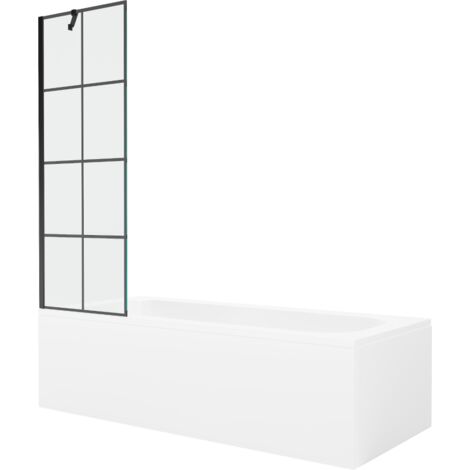 Mexen Vega ba帽era rectangular 170 x 70 cm con panel y mampara de 1 hoja 60 cm, dise帽o negro - 550117077X9506007077